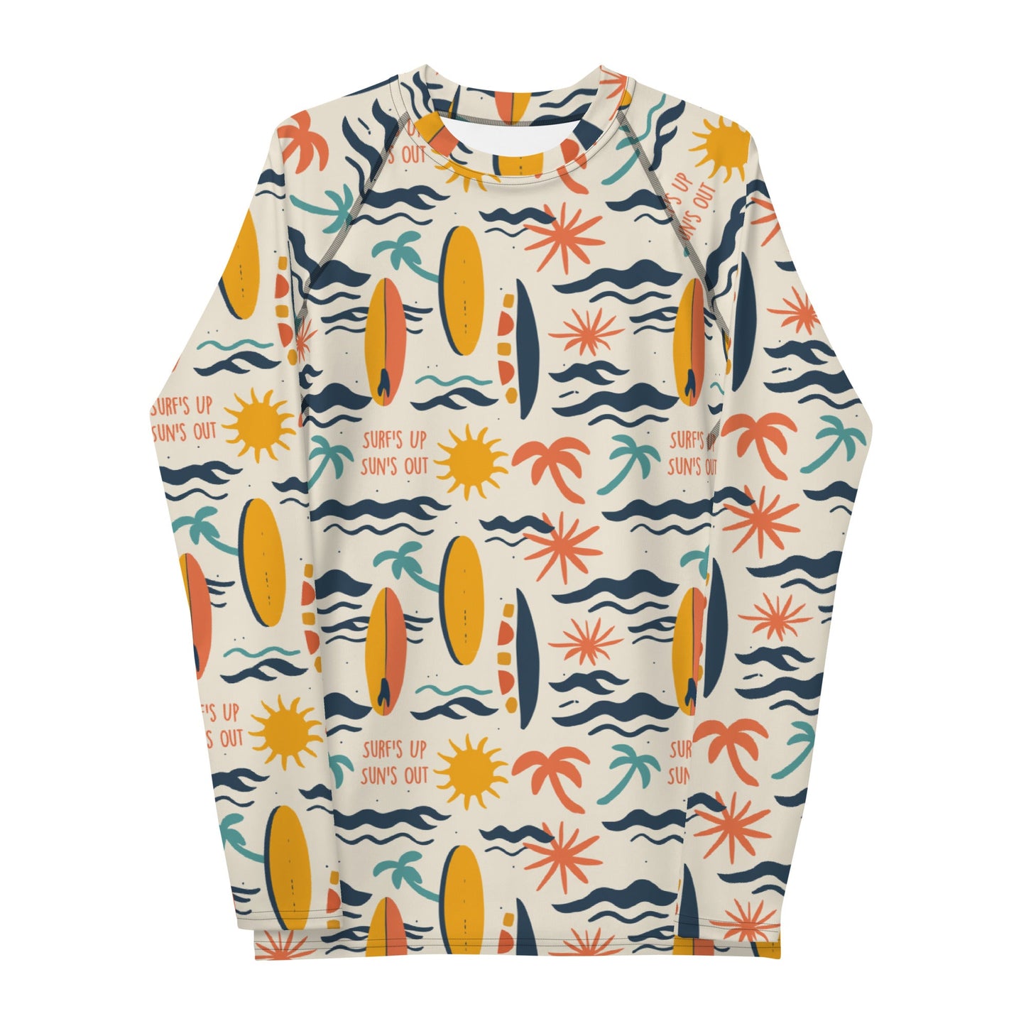 A bold rash guard with a "Surf’s Up" theme, featuring wave patterns and surfboards, shown flat from the front.