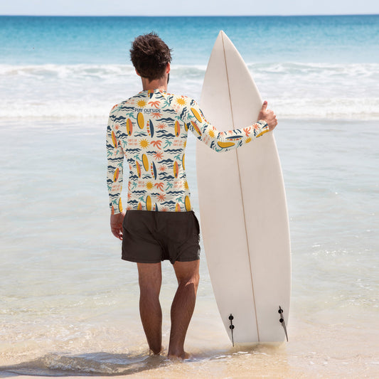 A men’s rash guard with surfboard and wave designs, offering breathable, sun-safe fabric for beach days or paddleboarding. Family Matching