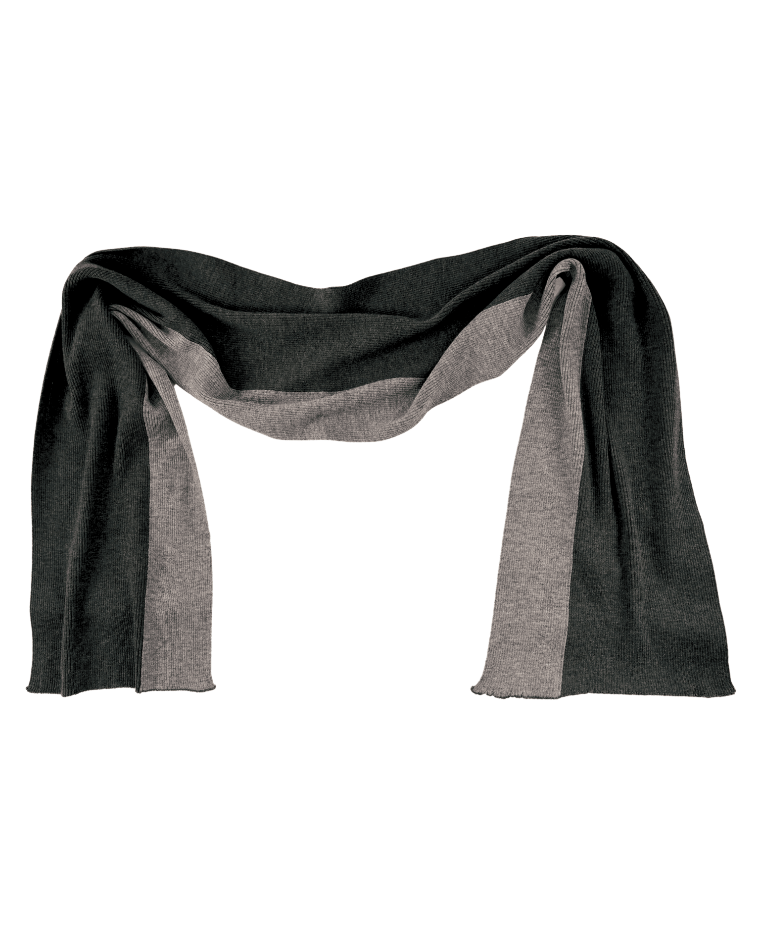 Draped modern rib Merino wool striped scarf in moss and grey colors.