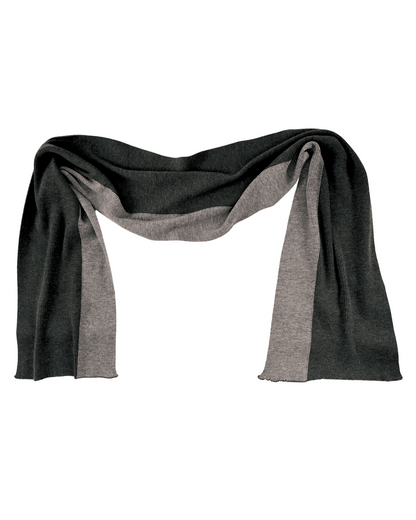 Draped modern rib Merino wool striped scarf in moss and grey colors.