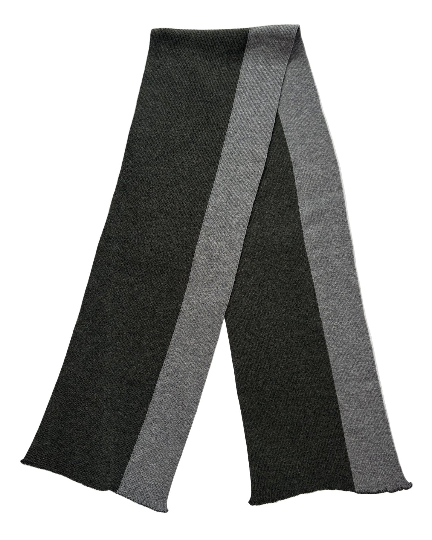Flat lay of modern rib Merino wool striped scarf in moss and grey colors.