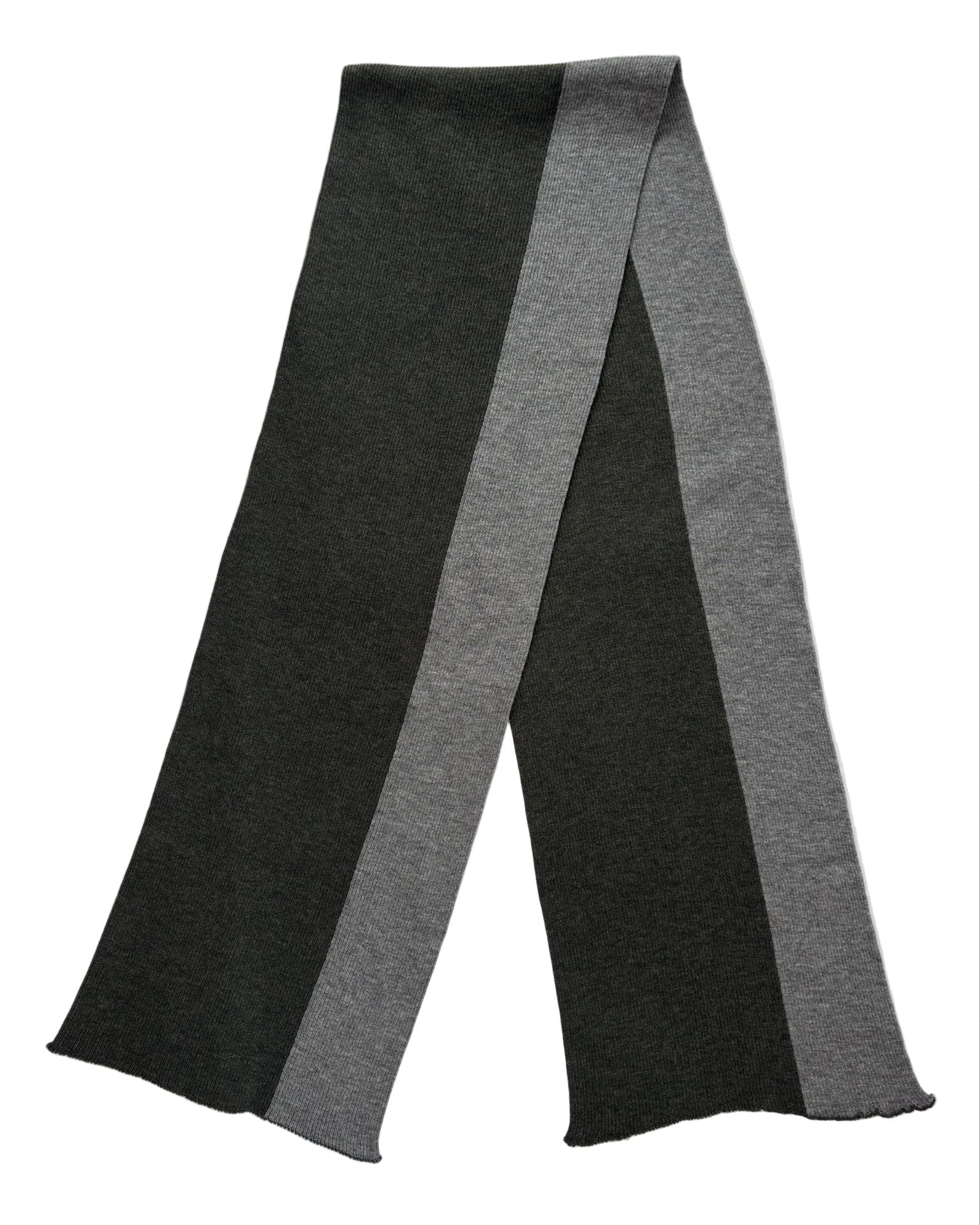 Flat lay of modern rib Merino wool striped scarf in moss and grey colors.