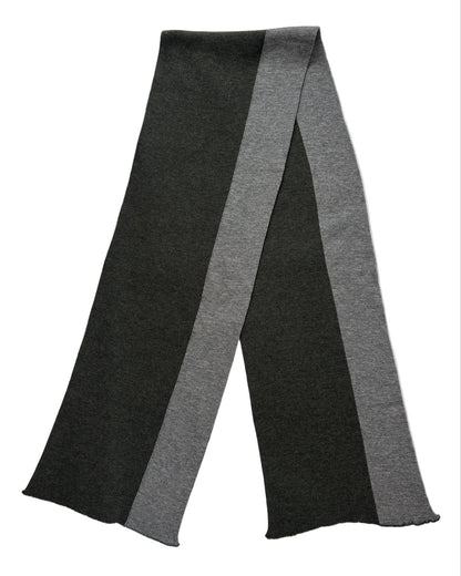 Flat lay of modern rib Merino wool striped scarf in moss and grey colors.