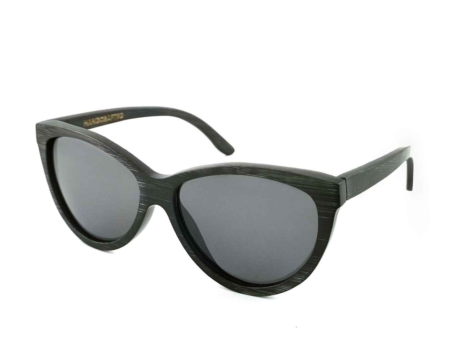 Diagonal view of black bamboo sunglasses with black frames.