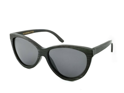 Diagonal view of black bamboo sunglasses with black frames.