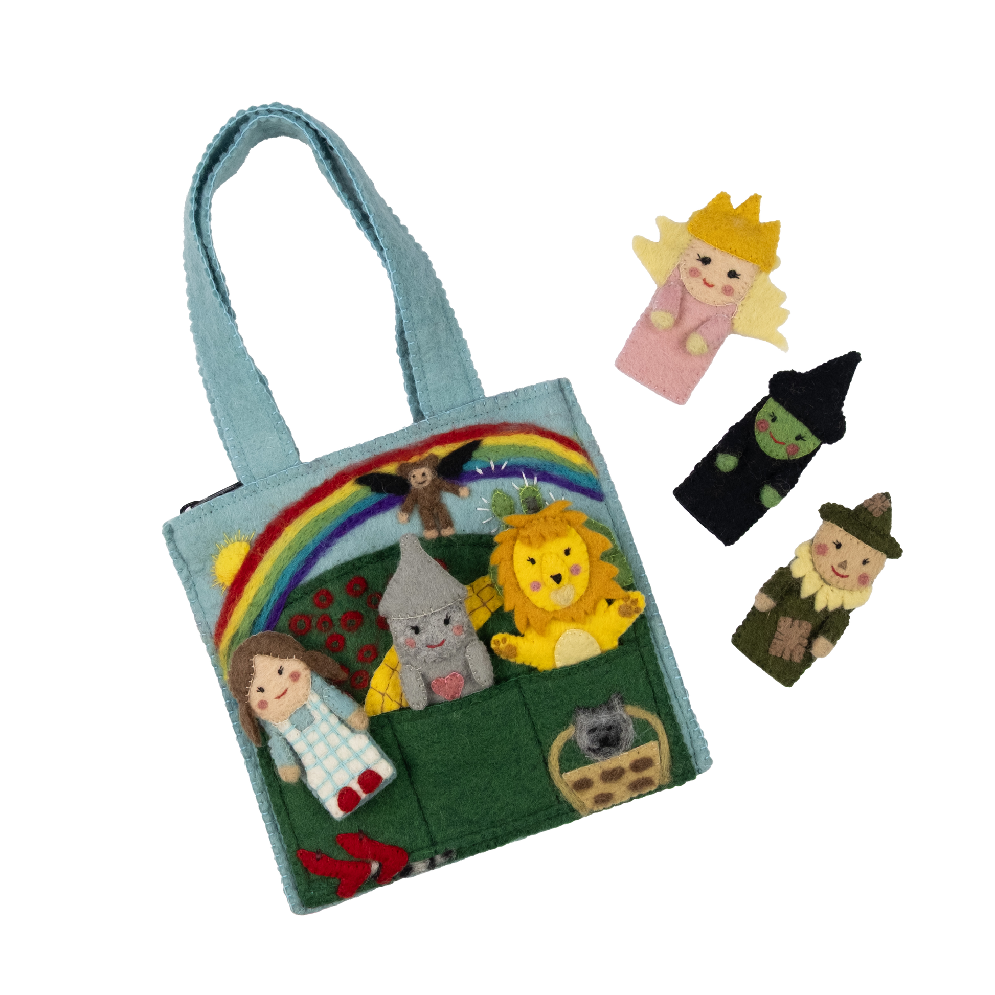Felt puppet bag for kids with wizard of oz themed characters of Dorothy, the Tin Man, The Cowardly Lion, Glinda the Good Witch, The Wicked Witch of the West, and the Scarecrow.