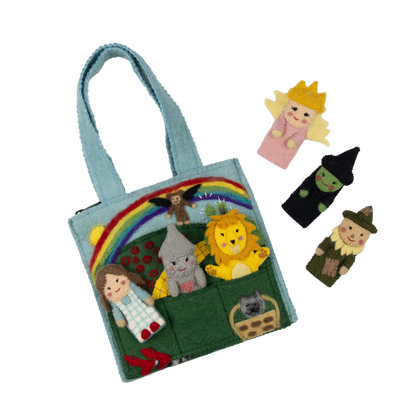 Felt puppet bag for kids with wizard of oz themed characters of Dorothy, the Tin Man, The Cowardly Lion, Glinda the Good Witch, The Wicked Witch of the West, and the Scarecrow.