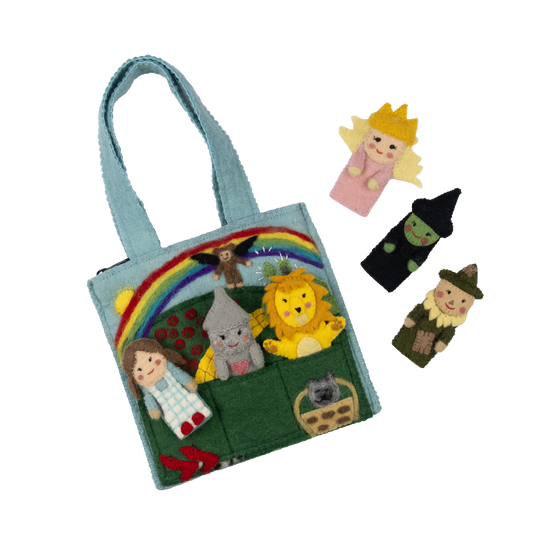 Felt puppet bag for kids with wizard of oz themed characters of Dorothy, the Tin Man, The Cowardly Lion, Glinda the Good Witch, The Wicked Witch of the West, and the Scarecrow.