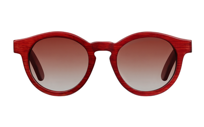 Front view of red natural bamboo sunglasses with gradient circular tinted lenses.
