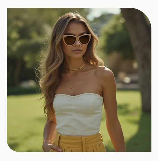 Blond haired women in white strapless top wearing natural colored bamboo sunglasses with amber lenses.