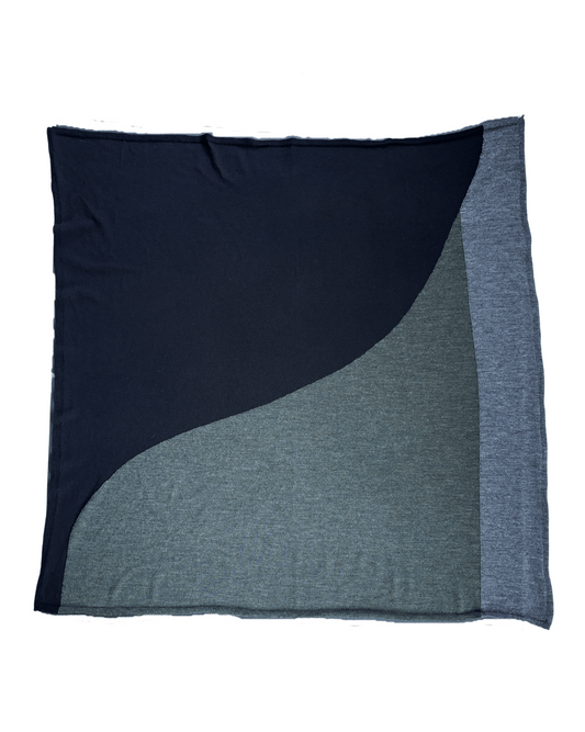 Square Italian Merino color block scarf in black, grey, moss.