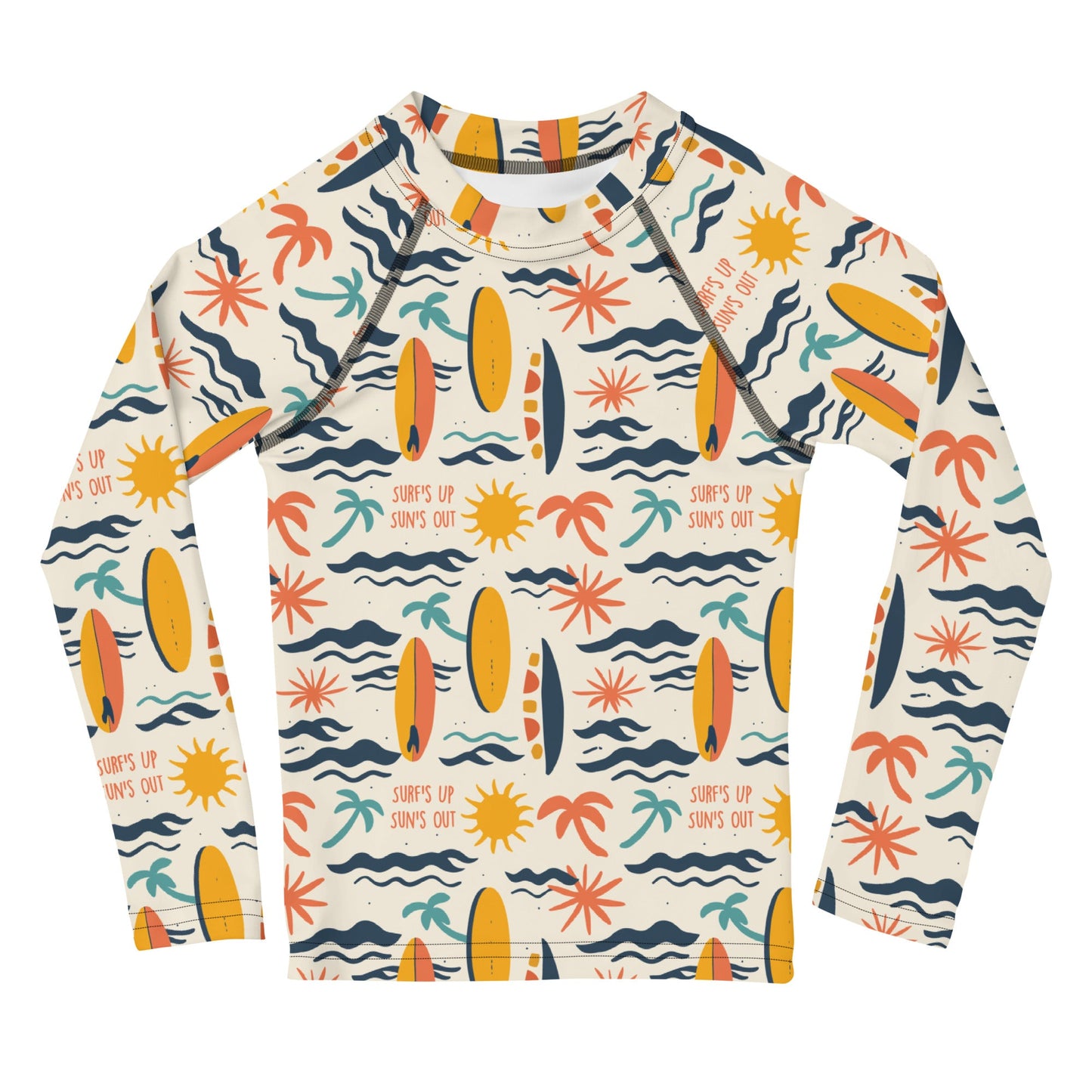 A bold rash guard with a "Surf’s Up" theme, featuring wave patterns and surfboards, shown flat from the front.
