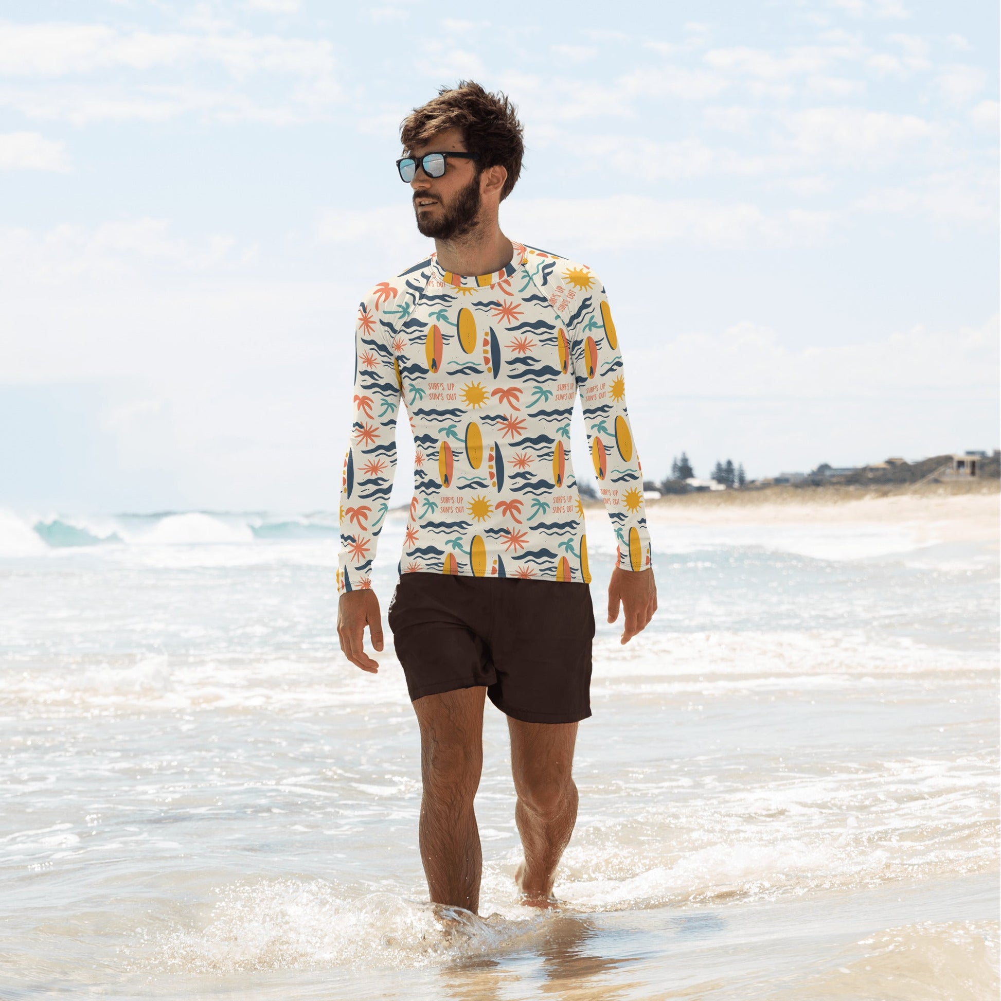 A surf-inspired men’s rash guard made from eco-friendly materials, perfect for versatile outdoor and water activities.