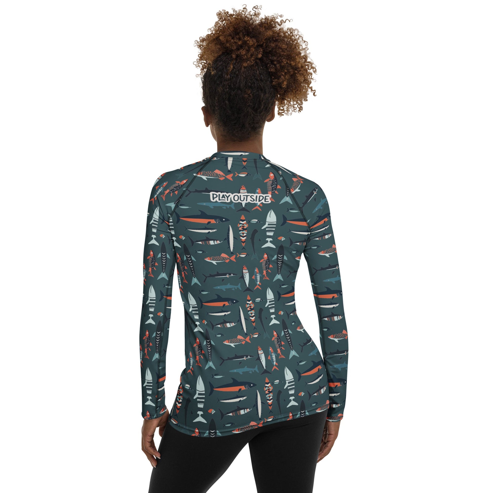 A breathable fish-themed rash guard for women, crafted from eco-friendly fabric for all-day outdoor comfort. Family matching
