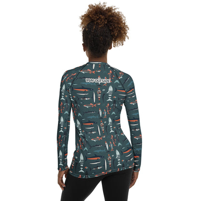A breathable fish-themed rash guard for women, crafted from eco-friendly fabric for all-day outdoor comfort. Family matching