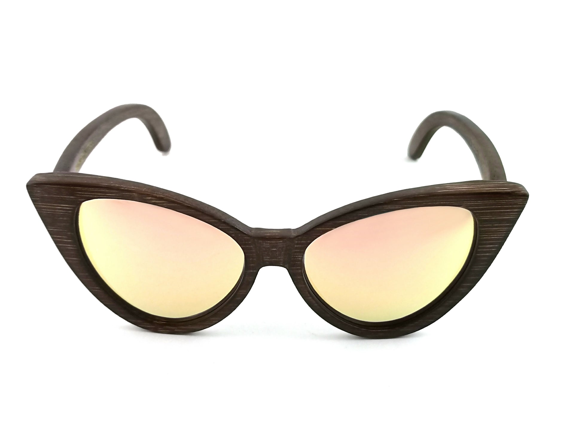 Dark brown bamboo cat eye sunglasses with pink mirrored lenses.