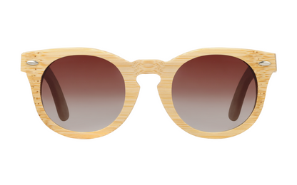 Front view of natural tan bamboo sunglasses with round gradient amber tinted lenses.