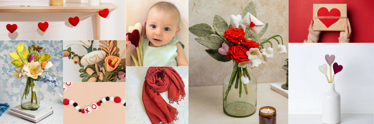 Collage of various Valentine's Day-themed items including everlasting felt flowers, heart garlands, and a baby photoshoot with felt hearts.