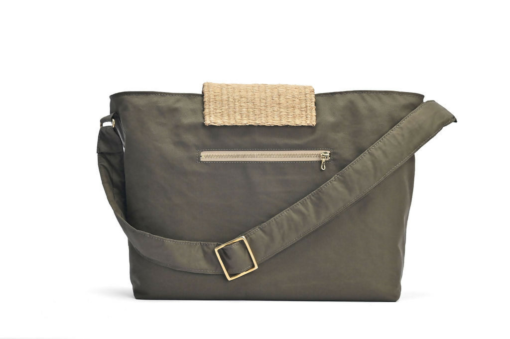 Back view of olive green bag with zipper pocket.