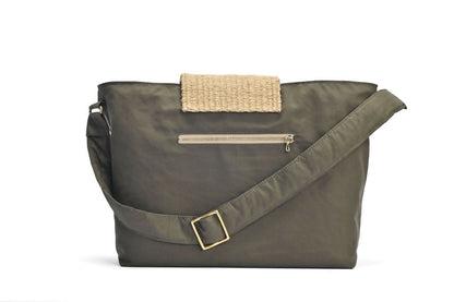 Back view of olive green bag with zipper pocket.