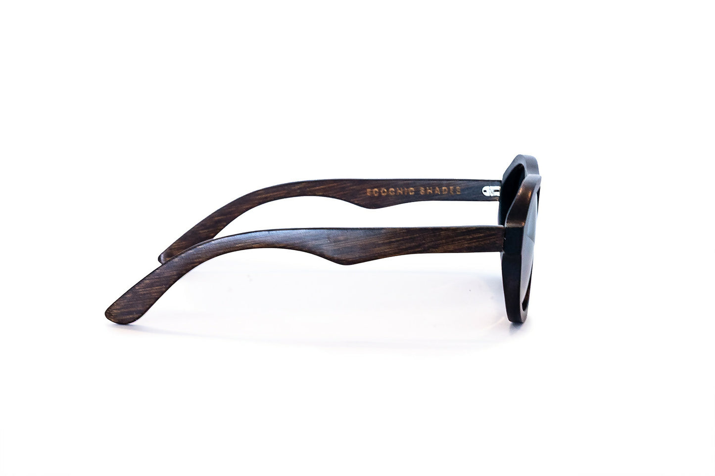 Side view of Avion style dark brown bamboo sunglasses with mirrored lenses.