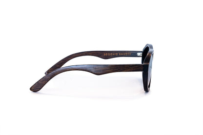 Side view of Avion style dark brown bamboo sunglasses with mirrored lenses.