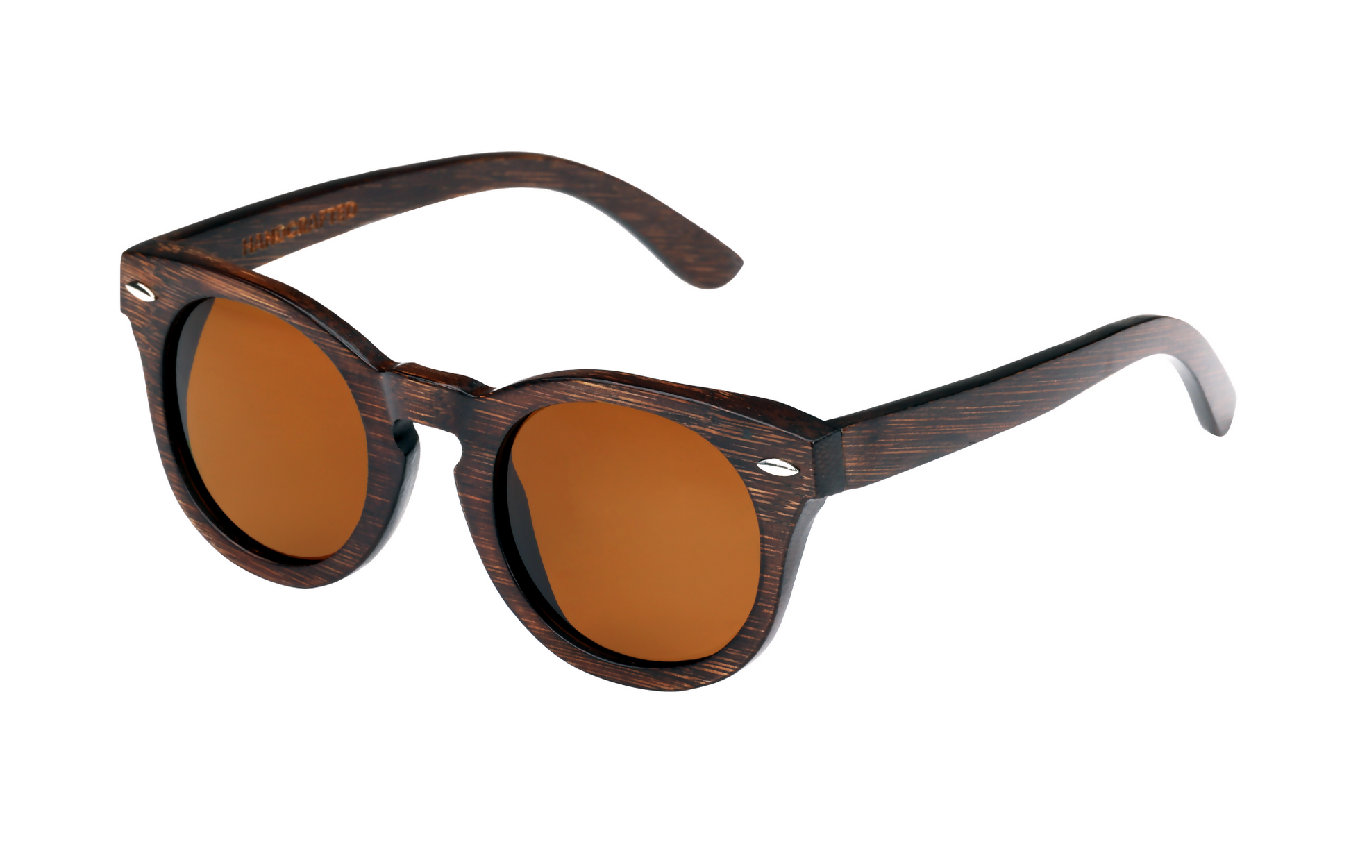 Diagonal front view of dark brown bamboo sunglasses with round amber lenses.