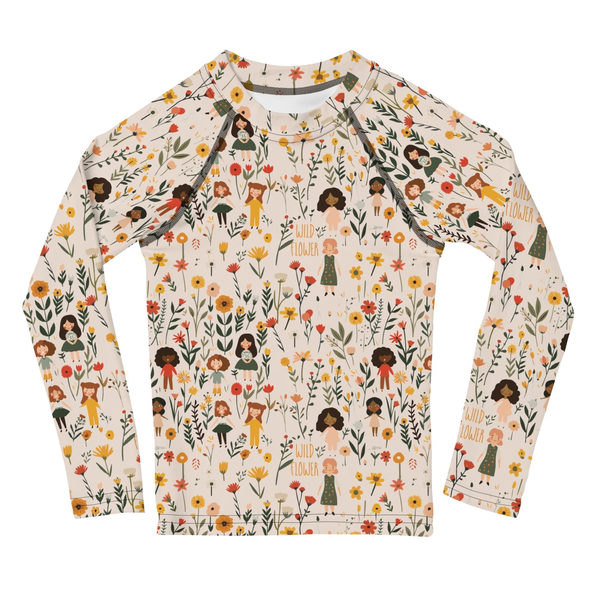 A flat lay of a wildflower-themed rash guard, showcasing the intricate floral and girls pattern