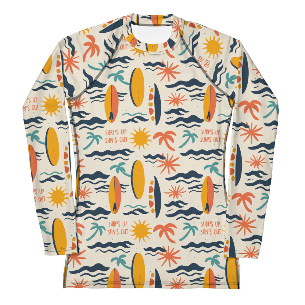 A bold rash guard with a "Surf’s Up" theme, featuring wave patterns and surfboards, shown flat from the front. Family Matching