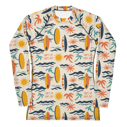 A bold rash guard with a "Surf’s Up" theme, featuring wave patterns and surfboards, shown flat from the front. Family Matching