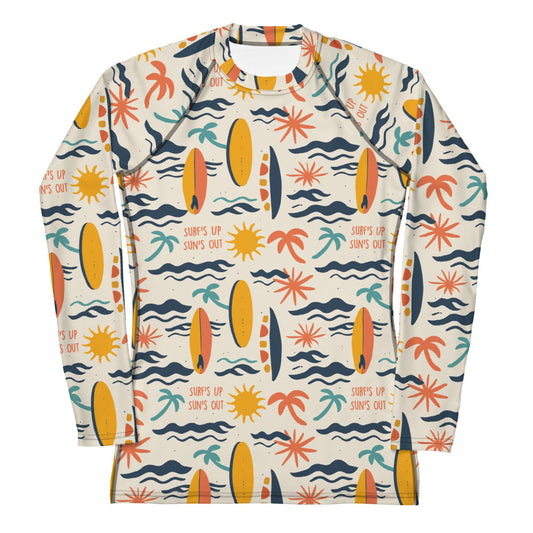 A bold rash guard with a "Surf’s Up" theme, featuring wave patterns and surfboards, shown flat from the front. Family Matching