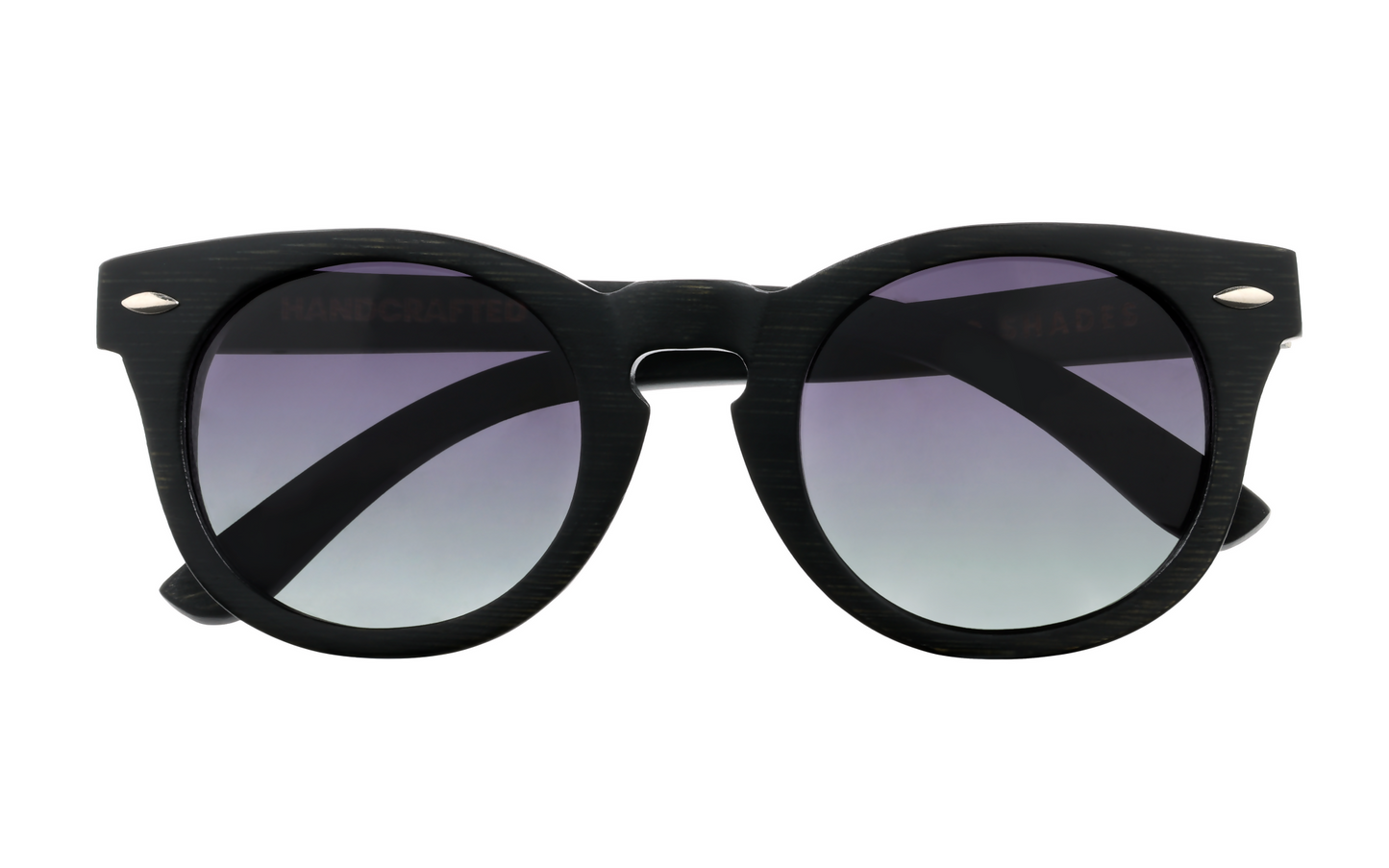 Front view of black bamboo sunglasses with round gradient tinted lenses.