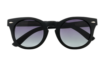 Front view of black bamboo sunglasses with round gradient tinted lenses.