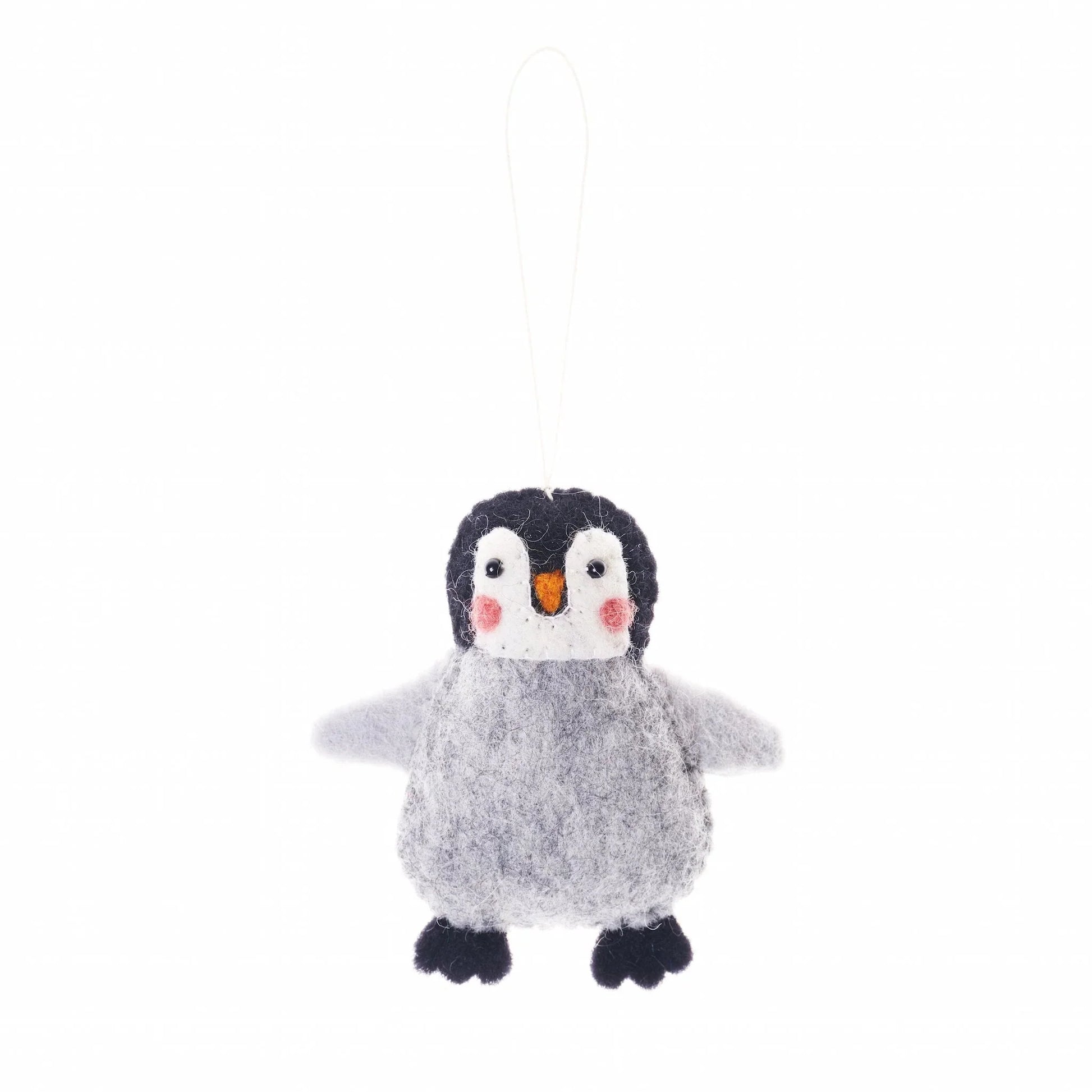 Front view of a felted wool ornament of a grey and black penguin.