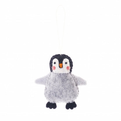 Front view of a felted wool ornament of a grey and black penguin.