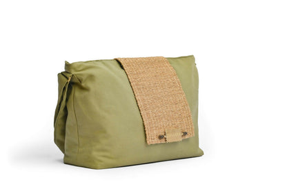 Front side view of large green bag with sisal details.