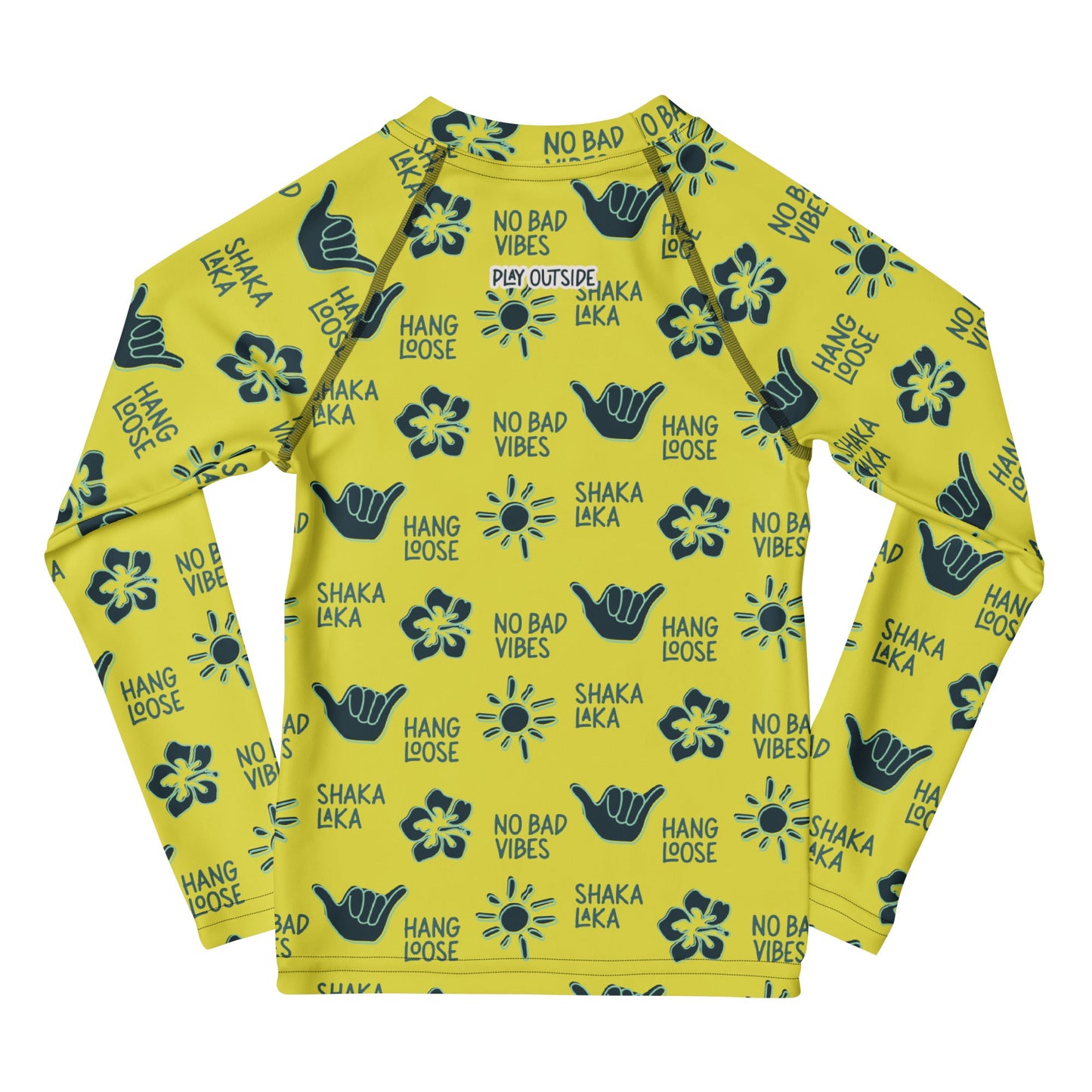 Yellow rashguard with navy designs of the sun, hibiscus flowers, hang loose hand sign, and the words hang loose, no bad vibes, and shaka laka.