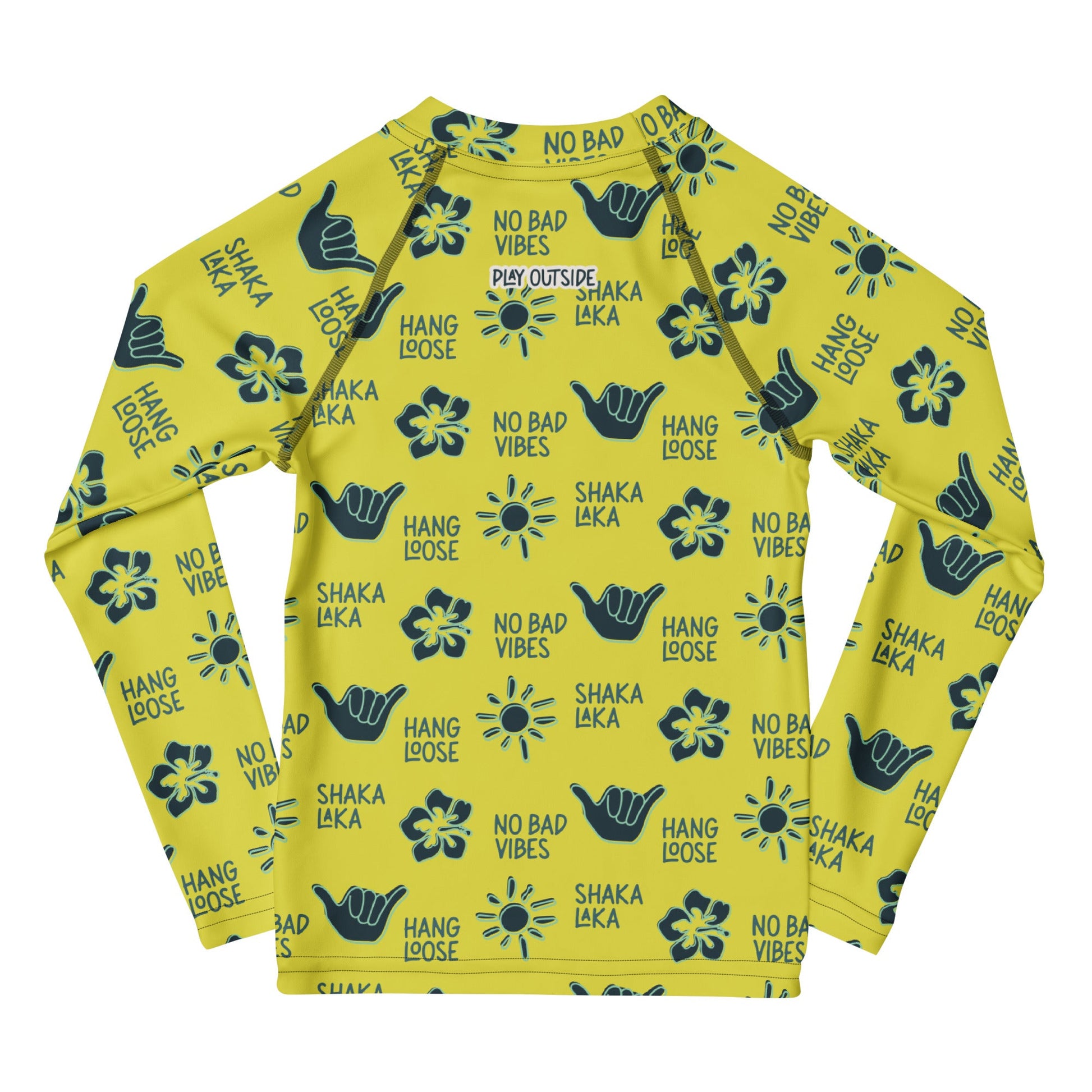 Yellow rashguard with navy designs of the sun, hibiscus flowers, hang loose hand sign, and the words hang loose, no bad vibes, and shaka laka.