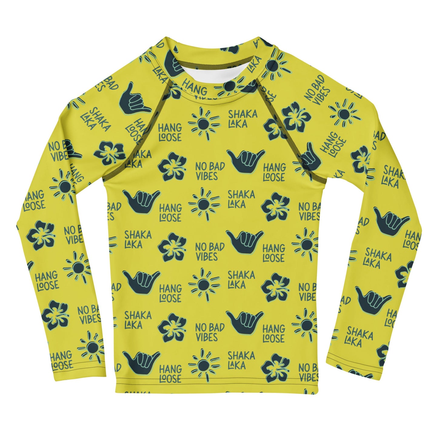 Yellow rashguard with navy designs of the  sun, hibiscus flowers, hang loose hand sign, and the words hang loose, no bad vibes, and shaka laka.