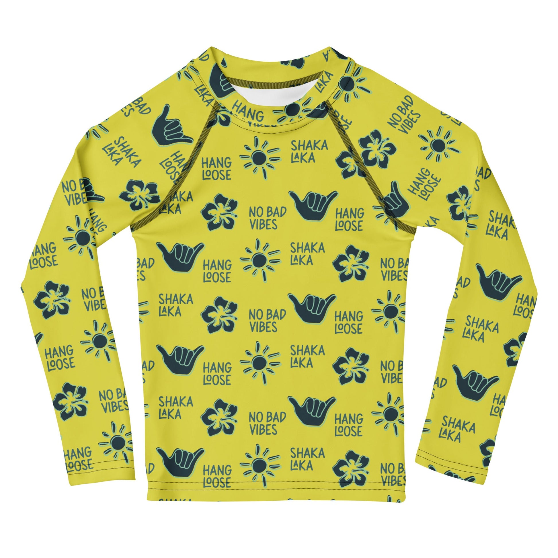 Yellow rashguard with navy designs of the  sun, hibiscus flowers, hang loose hand sign, and the words hang loose, no bad vibes, and shaka laka.