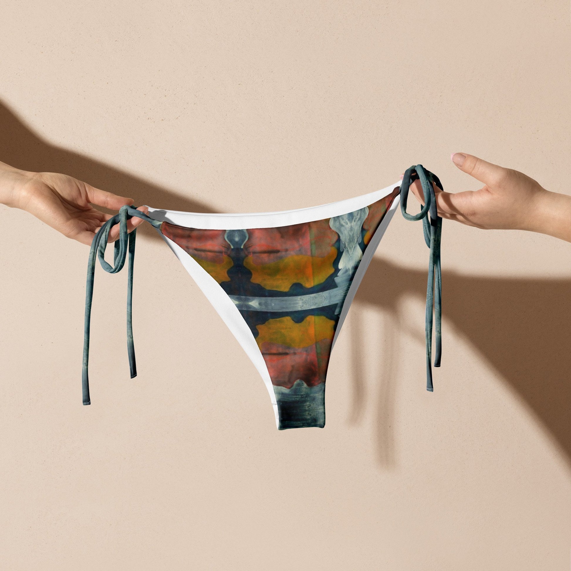 Multi colored print bikini bottoms.