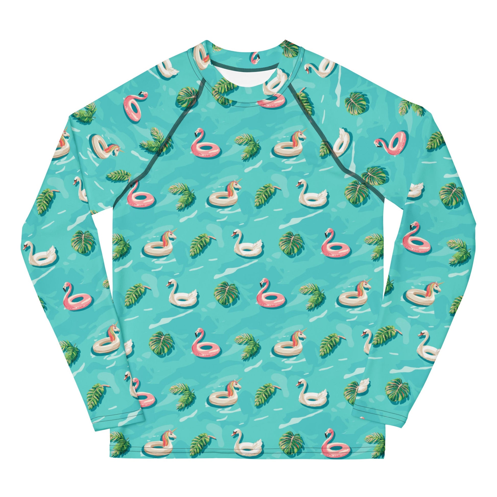 Aqua blue rash guard with images of pink floaty toy unicorns, swans, and Flamingos and green tropical leaves.