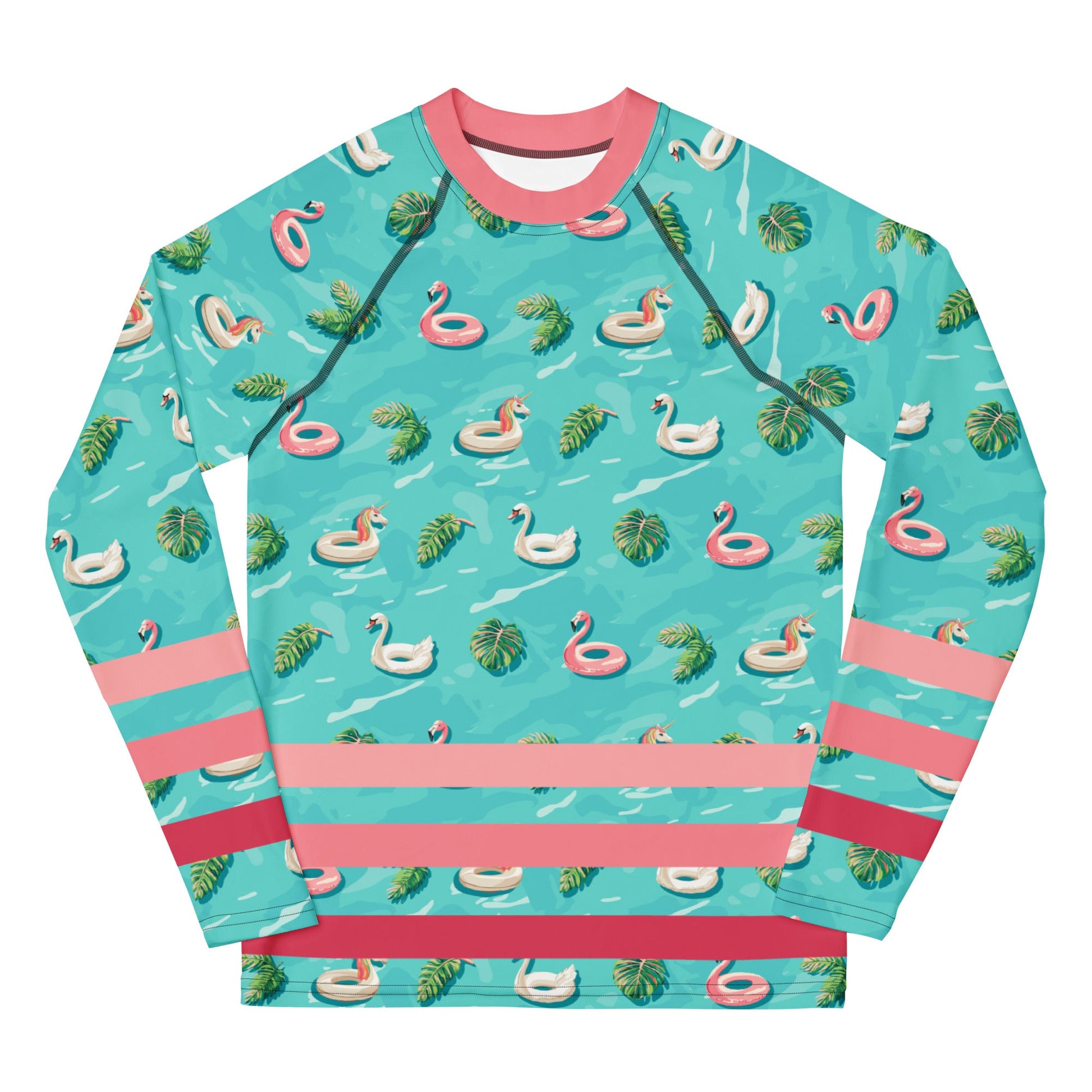 Aqua blue rash guard with pink neckline and pink stripes on the lower half and images of pink floaty toy unicorns, swans, and Flamingos and green tropical leaves.