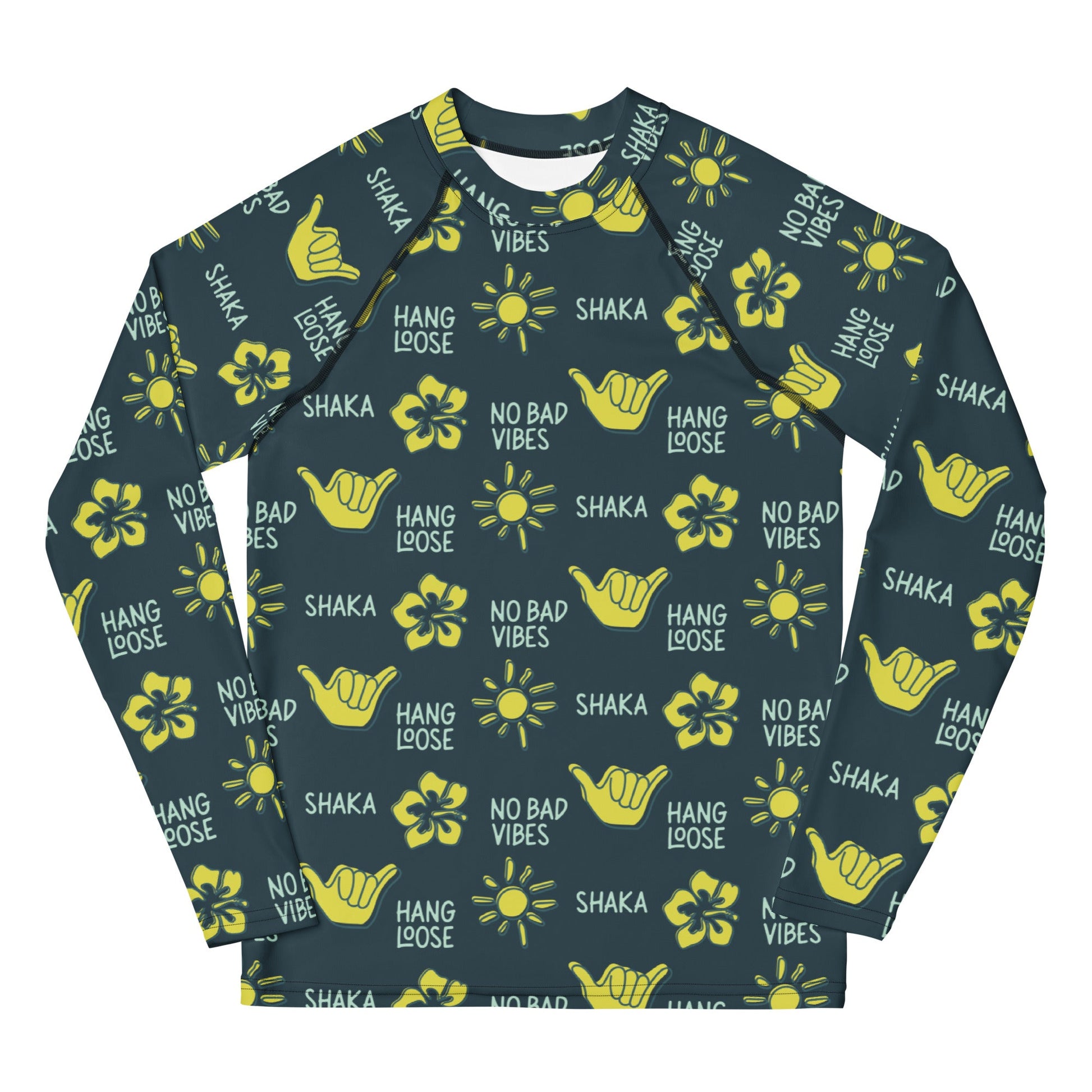 Dark blue rash guard with yellow designs of the sun, hibiscus flowers, hang loose hand sign, and the words hang loose, no bad vibes, and shaka.