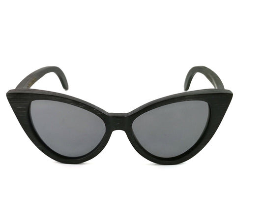 Black bamboo cat eye sunglasses with black lenses.