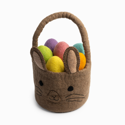 Felt brown bunny Easter basket filled with felt Easter eggs in green, orange, light blue, pink, purple, and yellow.