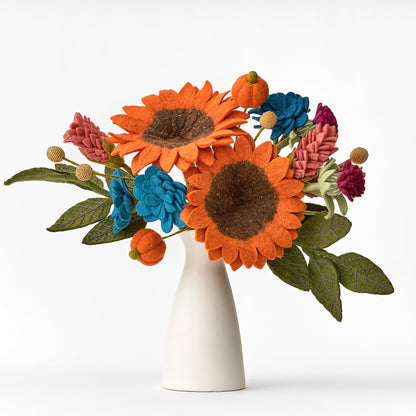 Fall/Halloween everlasting felt flower bouquet with yellow orange sunflowers, pumpkin accent stem, and various other flowers.