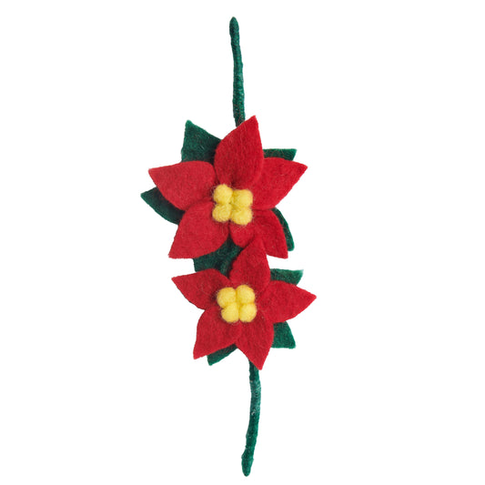 Two red poinsettia flowers felt gift topper with green leaves.