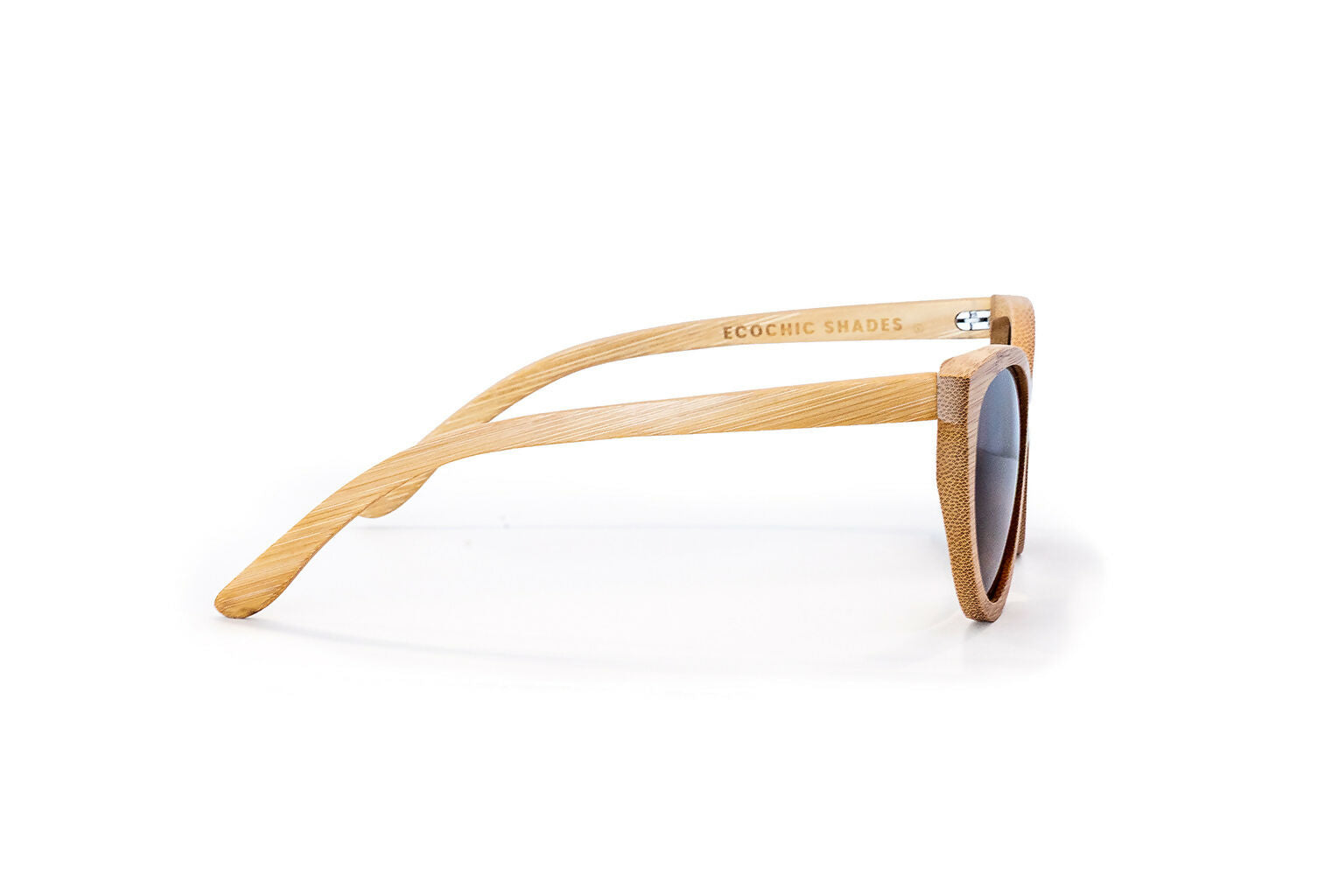 Side view of natural colored bamboo sunglasses with rose gold mirrored lenses.