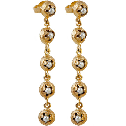 Pair of gold dangle earrings with five discs each and glass pearl in each disc.